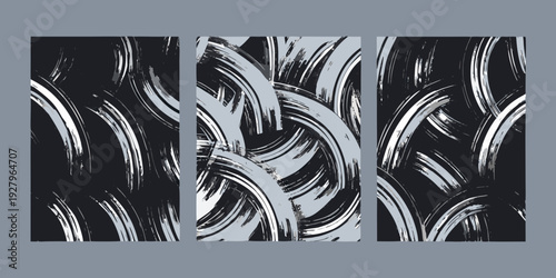 Abstract triptych featuring swirling interwoven lines in grayscale tones