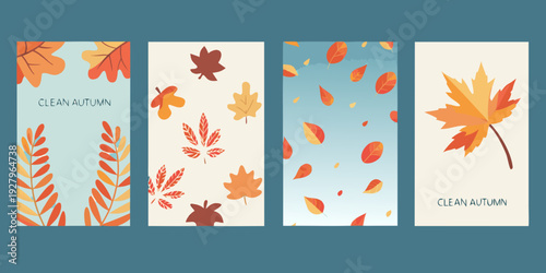 Four vertical banners showcasing colorful autumn leaves and seasonal designs