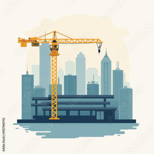 Yellow Construction Crane on Building Site.