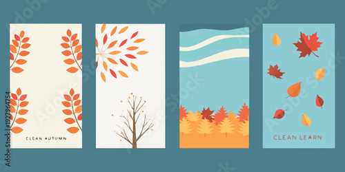 Four autumn themed bookmarks with leaves trees and scenic designs