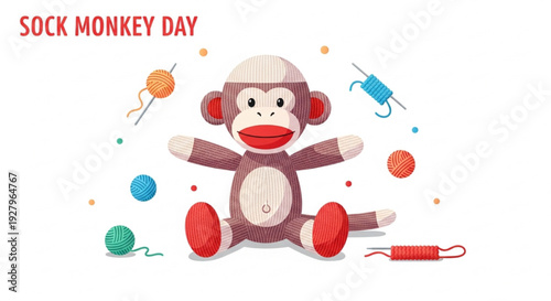 Sock Monkey Day Cute Classic Toy with Yarn Balls and Knitting Accessories Vector Illustration