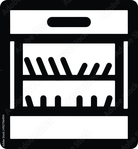 Simple black and white illustration of a dishwasher interior with racks for dishes
