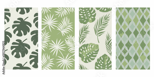 Four vertical panels displaying various tropical leaf patterns in green