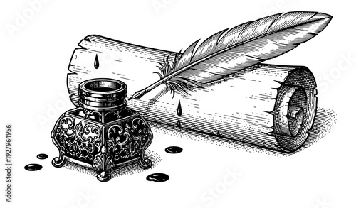 Vintage inkwell with quill and parchment scroll vector illustration