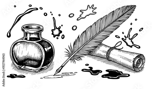 Hand drawn quill pen and inkwell with parchment vector