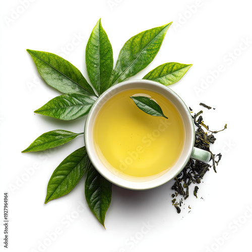 Wallpaper Mural Cup of fresh green tea with tea leaves and dried tea on white Torontodigital.ca