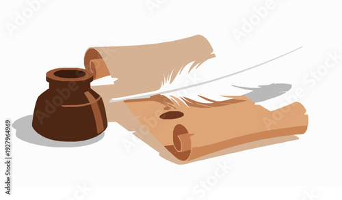 Flat vintage quill pen inkwell parchment vector illustration