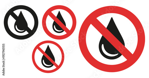 Do not pour water prohibition icon, trendy flat vector safety sign, water pouring restriction symbol in multiple styles, editable illustration collection, modern warning, hygiene, and caution concept 