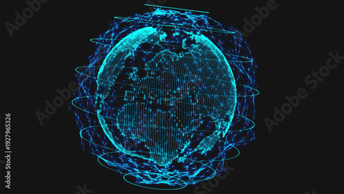 A digital model of the Earth created from glowing dots and lines. Energy orbits revolve around the planet, emphasizing global connections and the continuous exchange of information.