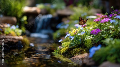 A close-up view of a scenic spot with beautiful natural scenery: a clear stream flows gently by the roadside, surrounded by green trees, blooming flowers, fluttering butterflies, and sunlight shining 