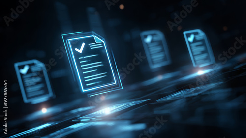 Digital document approval security, data network, online form, futuristic interface, technology background, glowing checkmark