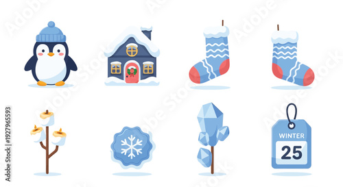 A collection of cute cartoon winter icons featuring a penguin, snowy house, stockings, marshmallows, snowflake, ice tree, and winter calendar.