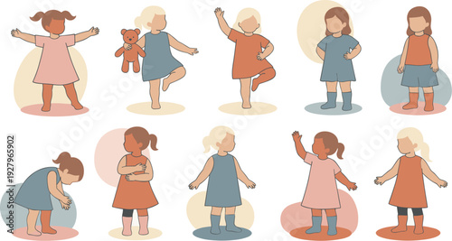 Comprehensive Flat Illustration Set of a Little Girl Featuring Soft Earth Tones Teddy Bear and Playful Developmental Poses