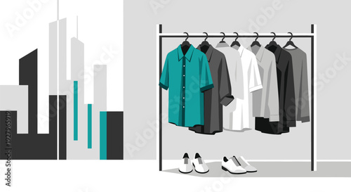 Fashionable shirts and shoes on a clothing rack in a modern urban setting.