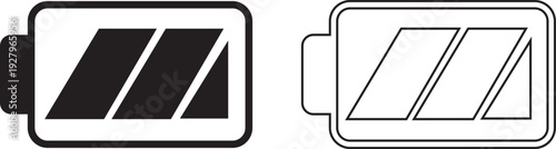 Battery status icon set collection, charging level indicator symbols with low, medium, full power and lightning bolt in solid and outline style vector isolated on transparent background