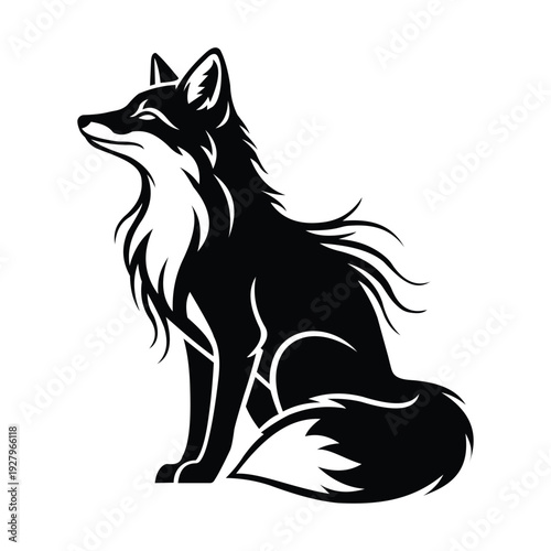 Elegant black and white fox logo design featuring a stylized sitting fox looking upwards with flowing fur details