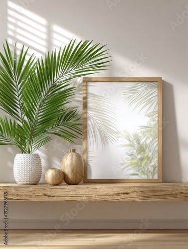 Wallpaper Mural Sunlit minimalist interior with blank wooden frame and palm leaves Torontodigital.ca