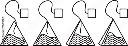 Tea bag steeping process in hot water, multiple stages of infusion, loose leaf tea bag with string and tag for hot beverage preparation vector