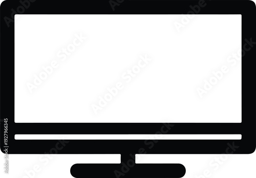 A minimalist black and white illustration of a flat screen television set on a stand, simple and modern design