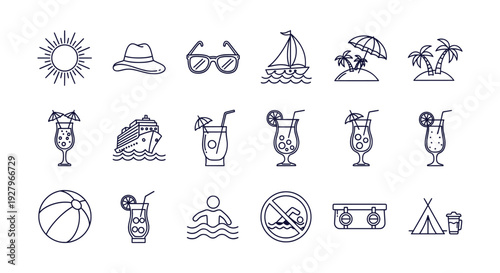 Seamless Summer Vacation Travel Beach Holiday Essentials Outline Icons Vector Collection