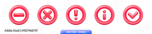 Glossy red circular button icon set with minus, cross, exclamation, information, and checkmark symbols in 3d style with dimensional realistic shading and highlights