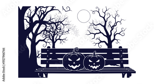 Spooky Halloween Night Scene Scary Jack-o'-lanterns Park Bench Bare Trees Moonlight