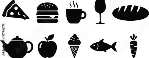 Comprehensive Food and Drink Icon Set with Black and White Vector Symbols of Pizza Burger Coffee Wine Bread Teapot Apple Ice Cream Fish and Carrot for Restaurant and Culinary Concept
