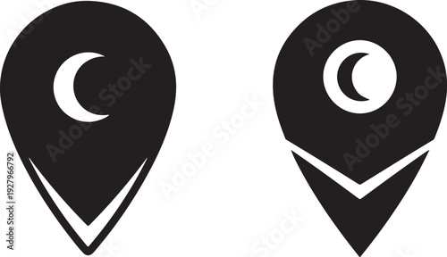 Two location pin icons, one with crescent moon inside and other with crescent moon and arrow, signifying places and celestial elements