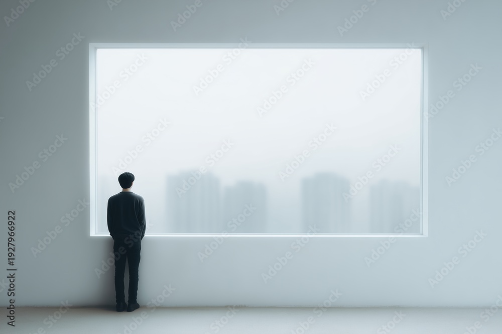 Fototapeta premium Rear view of man standing by large window in minimalist modern living room, looking out at a blurred cityscape, conveying themes of solitude and introspection in urban environment