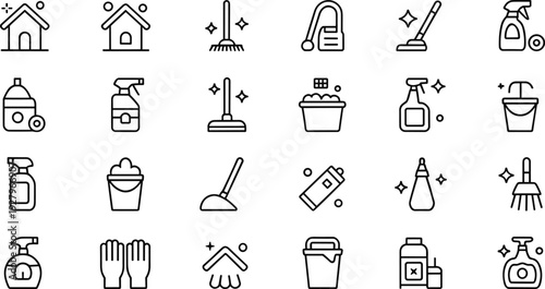 WebHouse cleaning and sanitation line icons set, household hygiene tools equipment vector collection isolated on white background