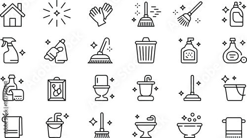 House cleaning and bathroom sanitation line icons set, household hygiene tools equipment vector collection isolated on white background