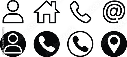 User contact communication icons set, profile home phone email location symbols in solid and outline vector