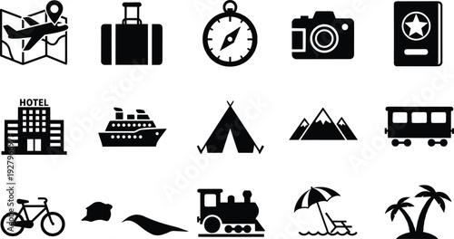 Comprehensive Global Travel and Tourism Icon Set with Vector Symbols of Airplane Map Suitcase Camera Hotel Ship Train and Beach
