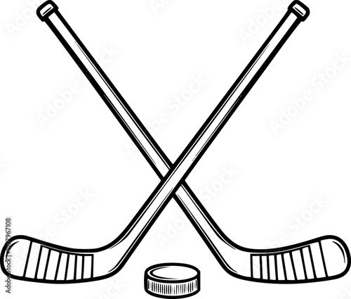 Crossed Hockey Sticks and Puck - Vector Outline Illustration
