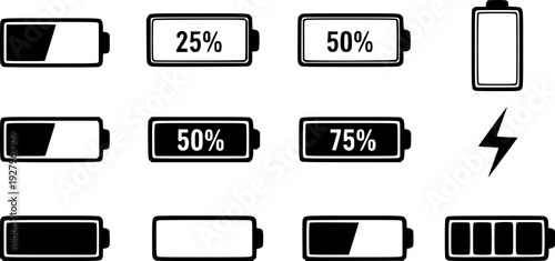 Battery icon set vector. battery charging symbol, battery charge level vector
