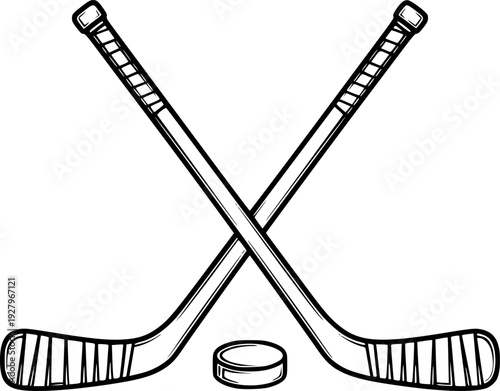Crossed Hockey Sticks and Puck - Vector Outline Illustration
