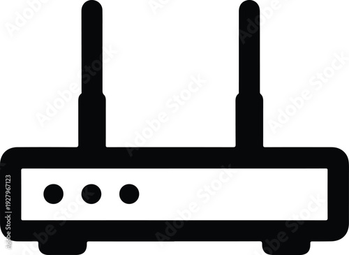 Modern wireless router with two antennas and indicator lights, symbol for network connectivity and internet access, sleek design