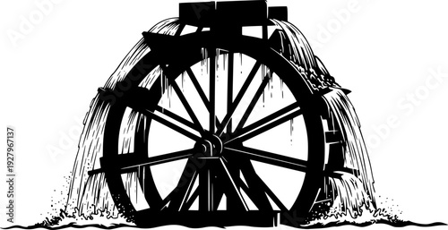 Water Wheel Silhouette Vector Illustration
