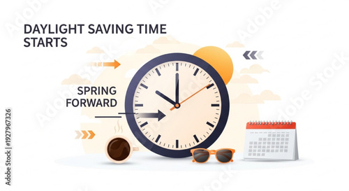 Daylight Saving Time Starts Analog Clock Spring Forward Morning Coffee Sunglasses Vector Illustration