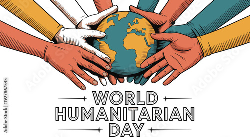 World Humanitarian Day Hand Drawn Helping Hands Icon Vector Illustration with Bold Typography Text Design for Global Awareness Campaign