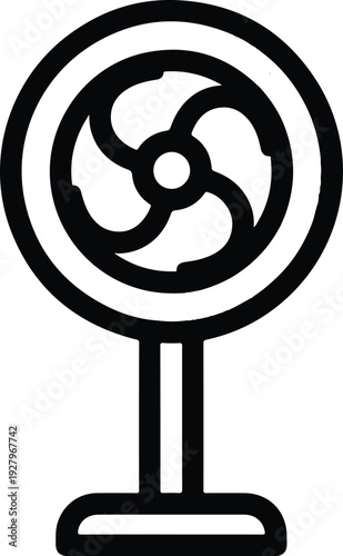 Simple line art illustration of a standing electric fan, a common household appliance used for cooling