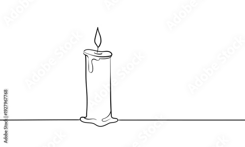 Minimalist continuous line art of a single burning candle, elegant wax candle flame sketch for cozy decor or ritual. Vector illustration