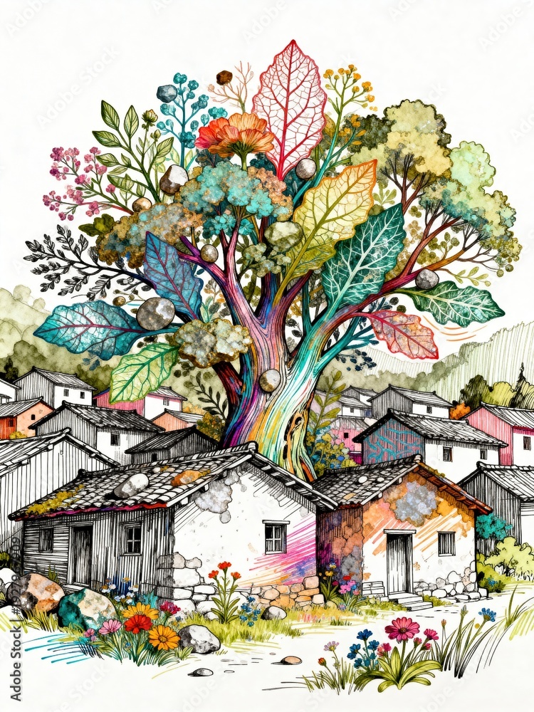 Obraz premium Colorful tree with vibrant foliage towers over a quaint village of rustic houses and blooming flowers.