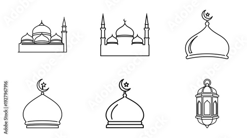 Collection of Islamic mosque domes and a traditional lantern illustration icons
