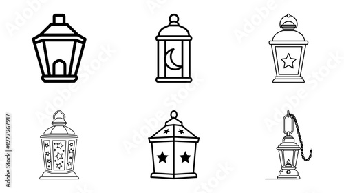 Collection of Ramadan lantern icons in black and white outline style