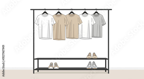 Clothing rack with shirts and shoes on display.