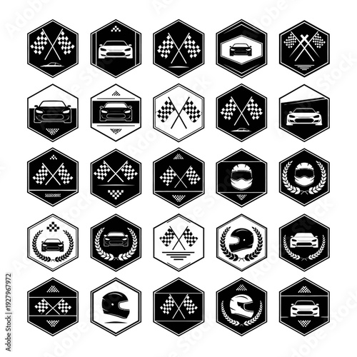 Racing and motorsport icon collection. Includes racing cars, helmets, chequered flags, steering wheels, and gearboxes. Created in black and white line style with monochrome palette isolated on