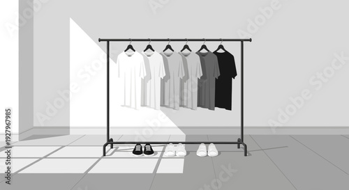 Clothing rack with assorted shirts and shoes in a minimalist room.