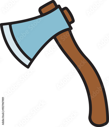 Woodworking axe illustration with brown wooden handle and blue steel blade representing logging equipment lumberjack tool forestry work or construction hardware item art