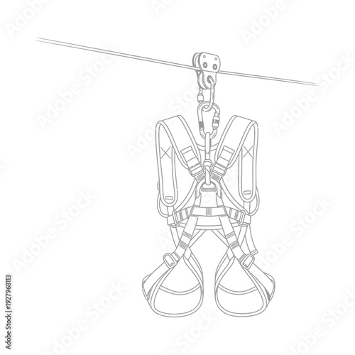 Safety harness equipment for climbing and ziplining with rope and carabiner on white background